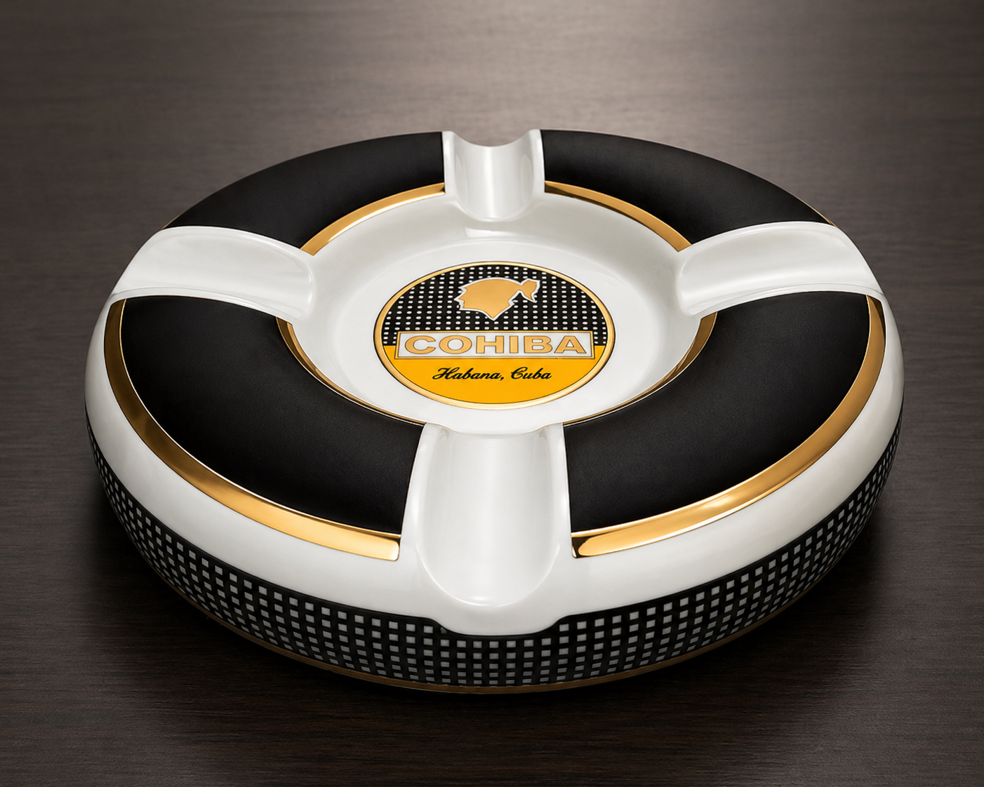 Cohiba Round Cigar Ashtray (White, Black & Gold Trim)